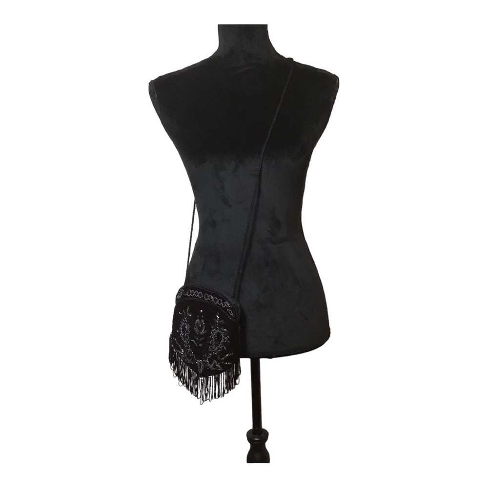 Indolink Black Velour Fringe Beaded Shoulder Bag